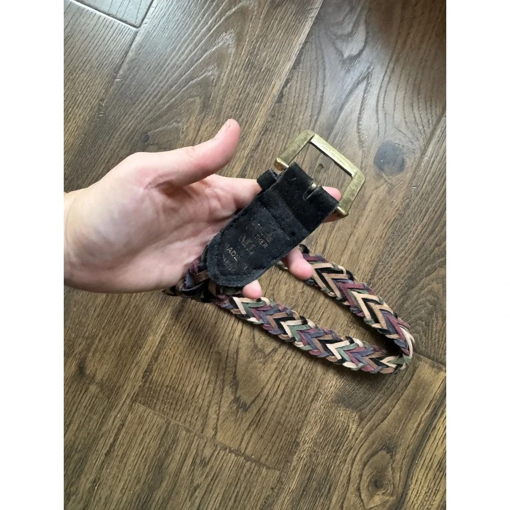 Vintage Braided Suede Leather Belt Multi Color Chevron Woven Brass Buckle ML